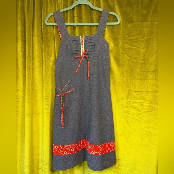 Vintage 1970s Blue & Red Handkerchief Print Lace Up Mini Dress. Size XS - Picture 5 of 8